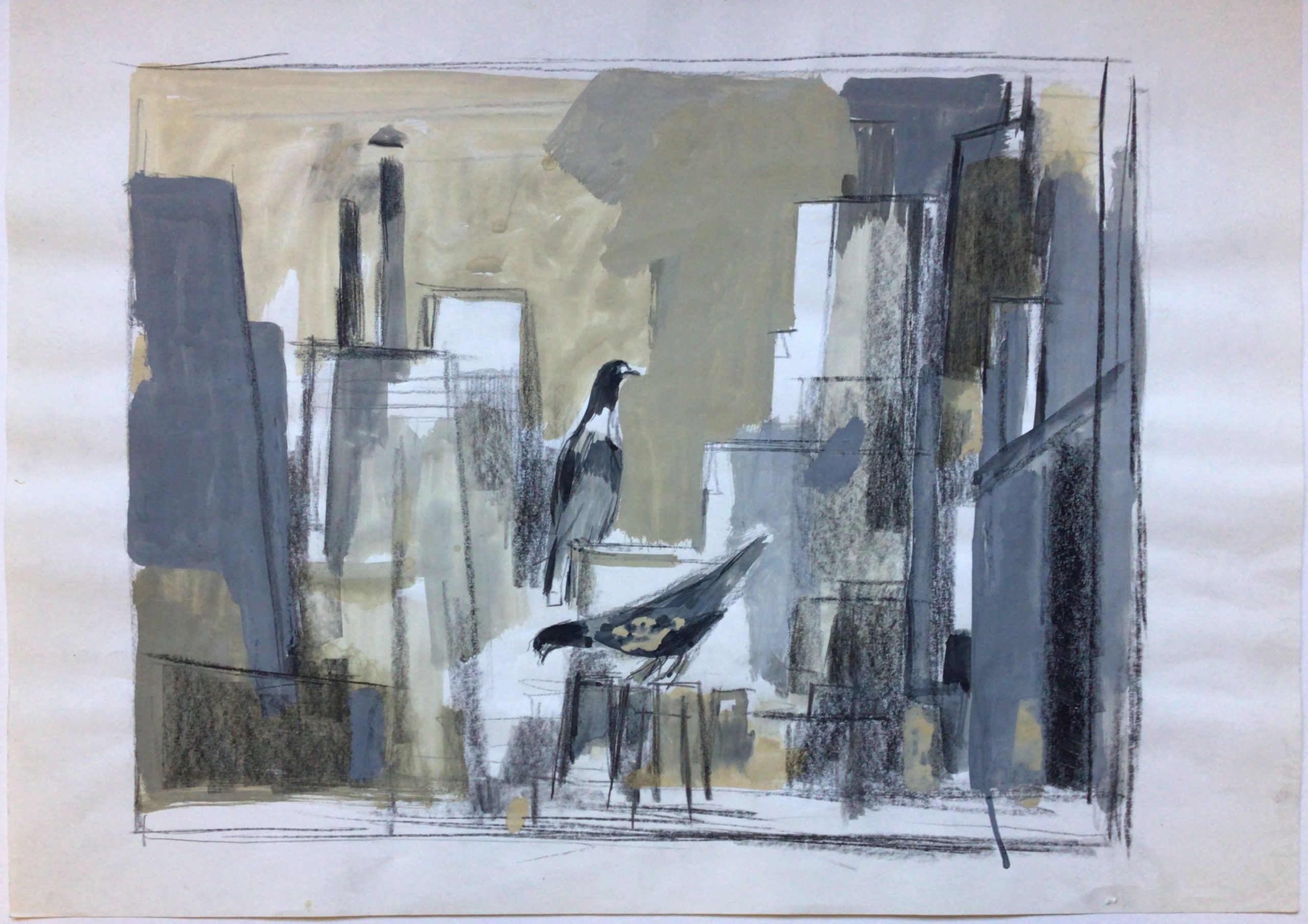 <i>Pigeons et maisons à Montparnasse</i>  – Fusain, Gouache, Papier, 44x62 cm