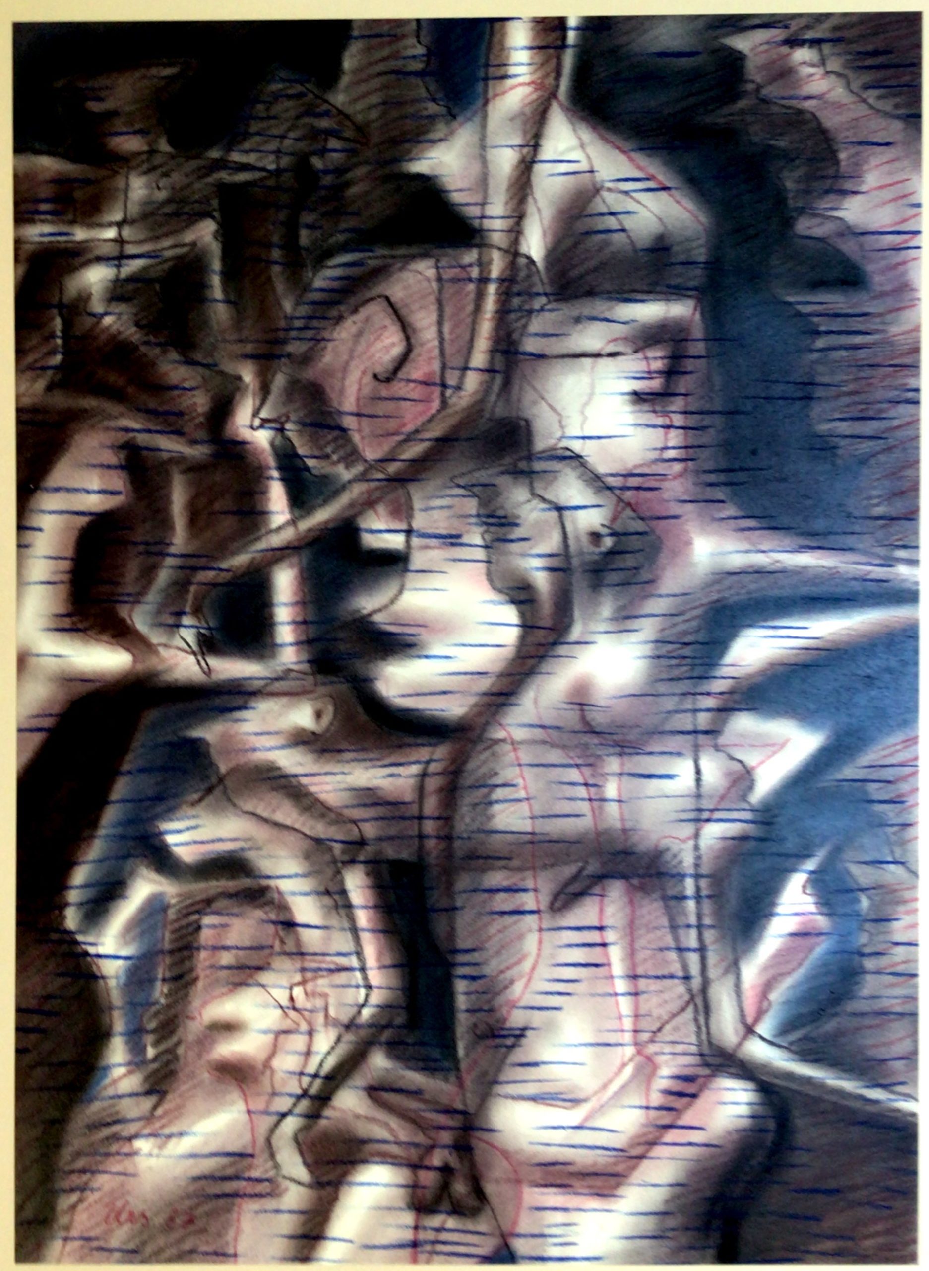 <i>Personnages entrelacés</i> 1987 – Aérographe, Craie grasse, Papier, 67x48,5 cm