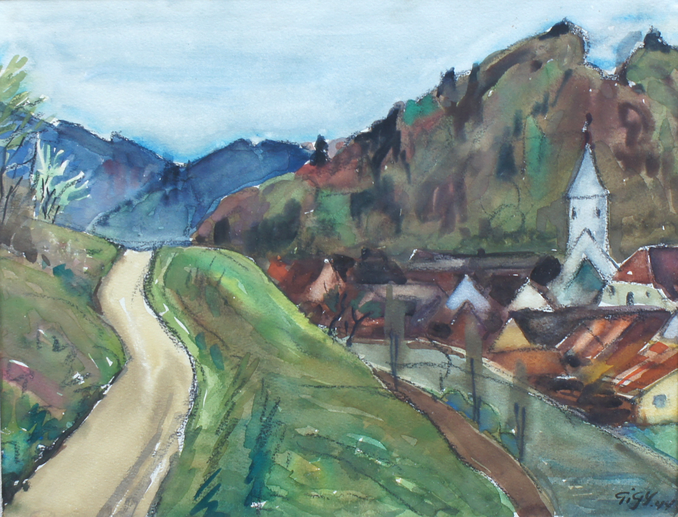 <i>St-Ursanne</i> 1944 – Aquarelle, Fusain, 28.5x36 cm