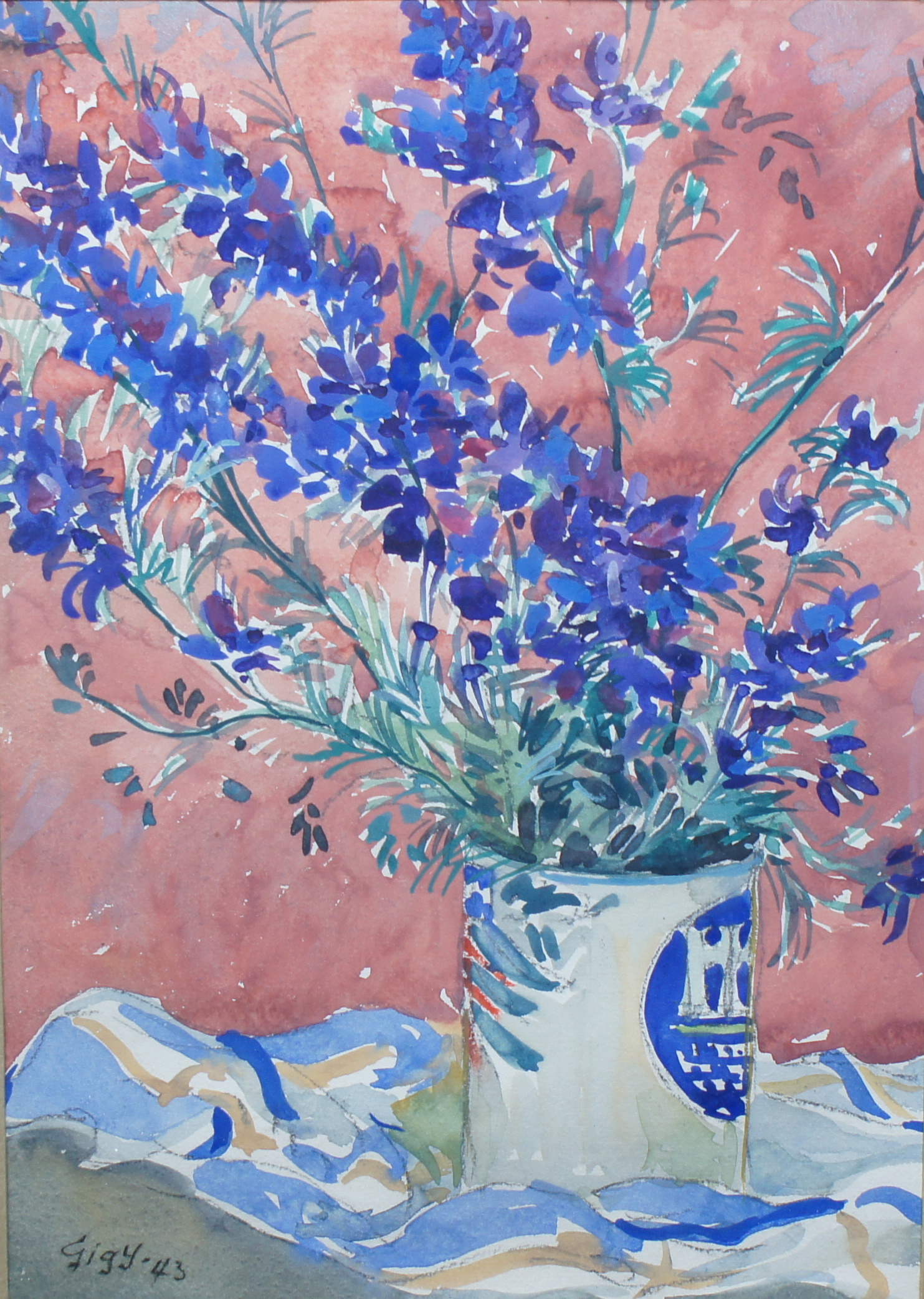 <i>Bouquet de fleurs violettes dans un pot</i> 1943 – Aquarelle, 34x24 cm