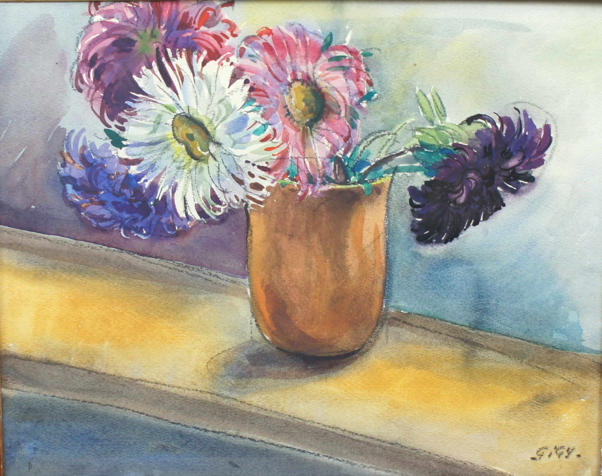 <i>Bouquet de fleurs dans un pot de terre</i> Années 1940 – Aquarelle, 28.5x35 cm