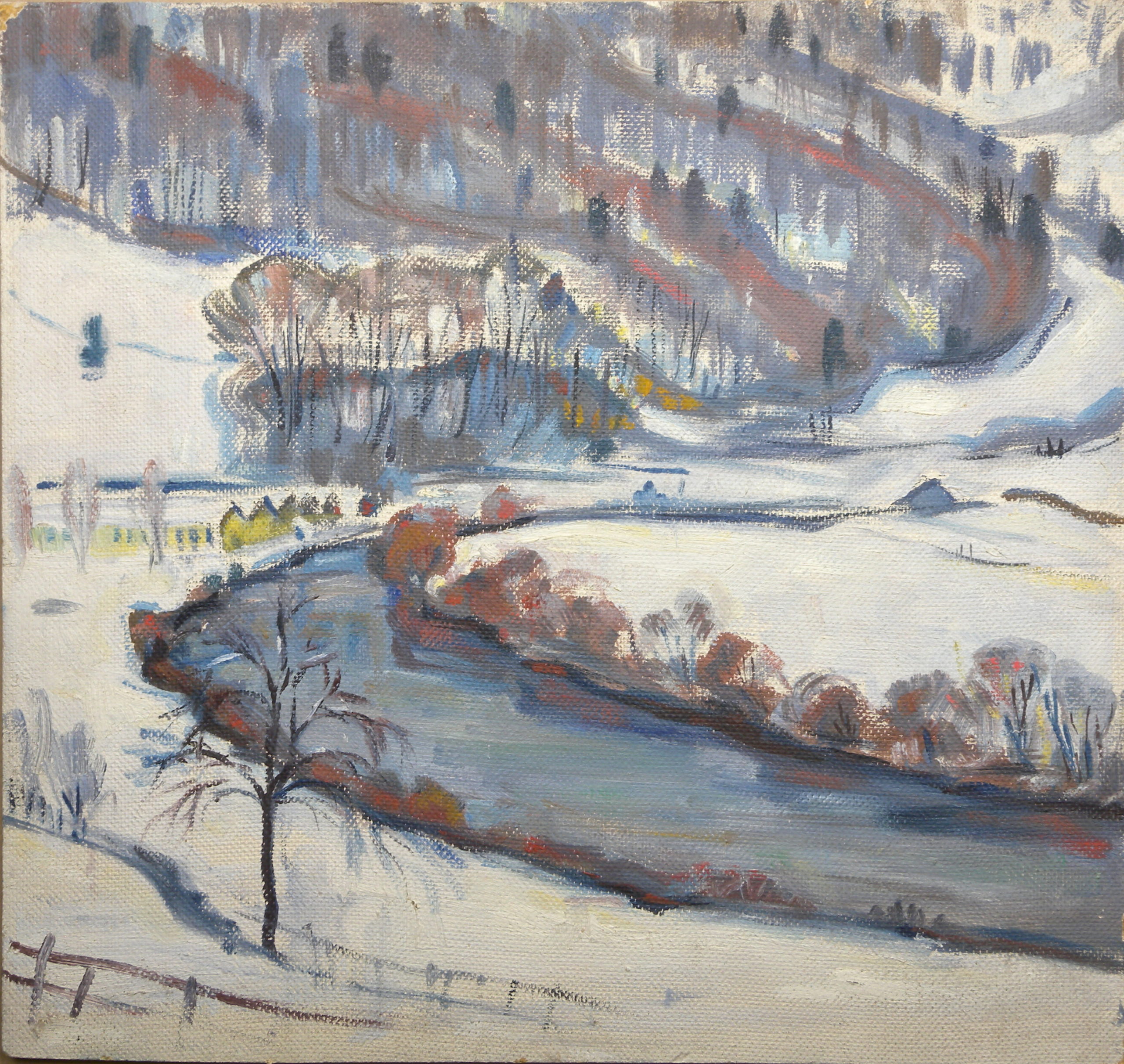 <i>Le Doubs en hiver</i>  – Bois aggloméré, Huile, 45.5x48.5 cm