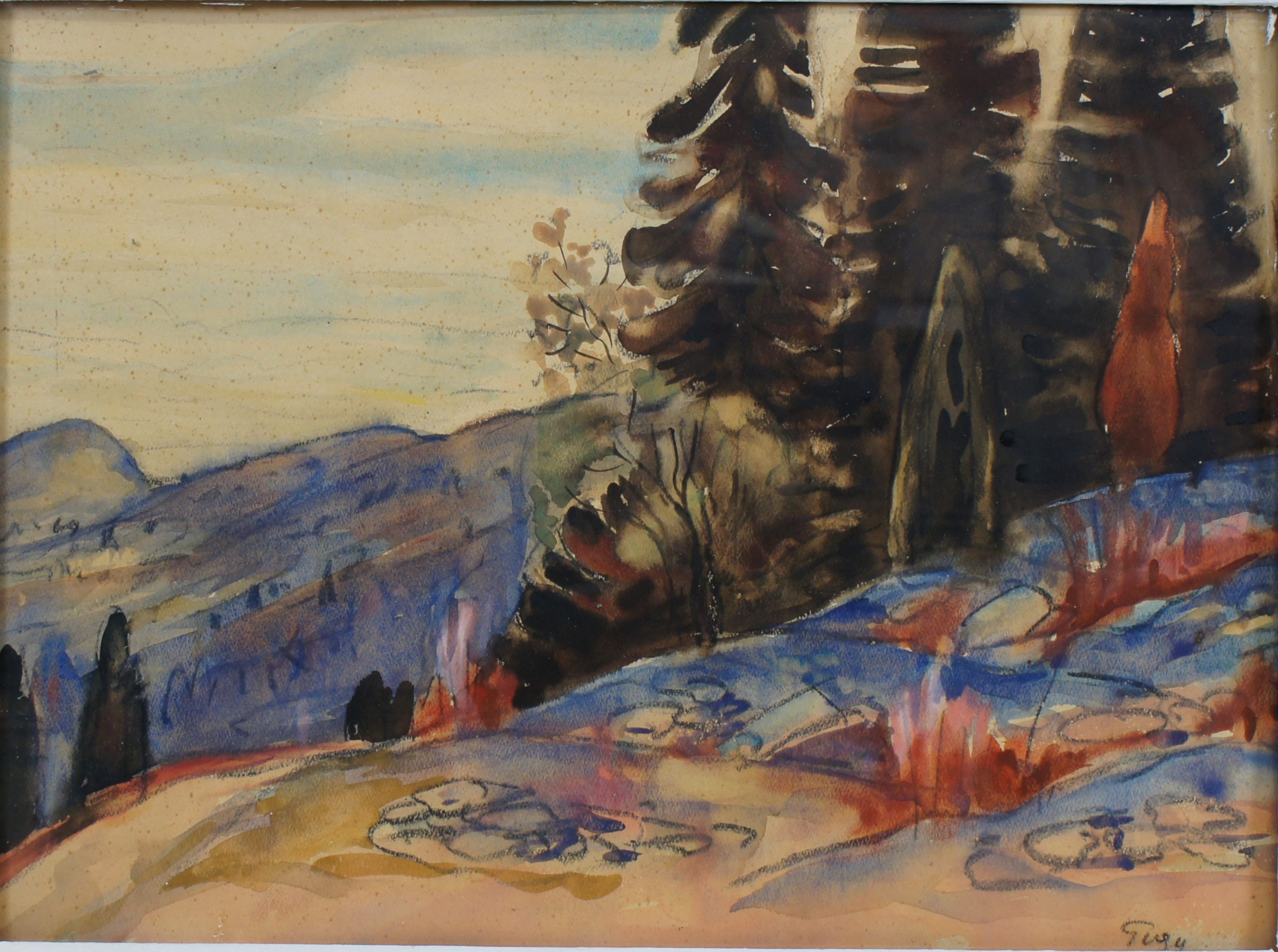 <i>Paysage avec sapins</i> 1947 – Aquarelle, Fusain, 30x40 cm