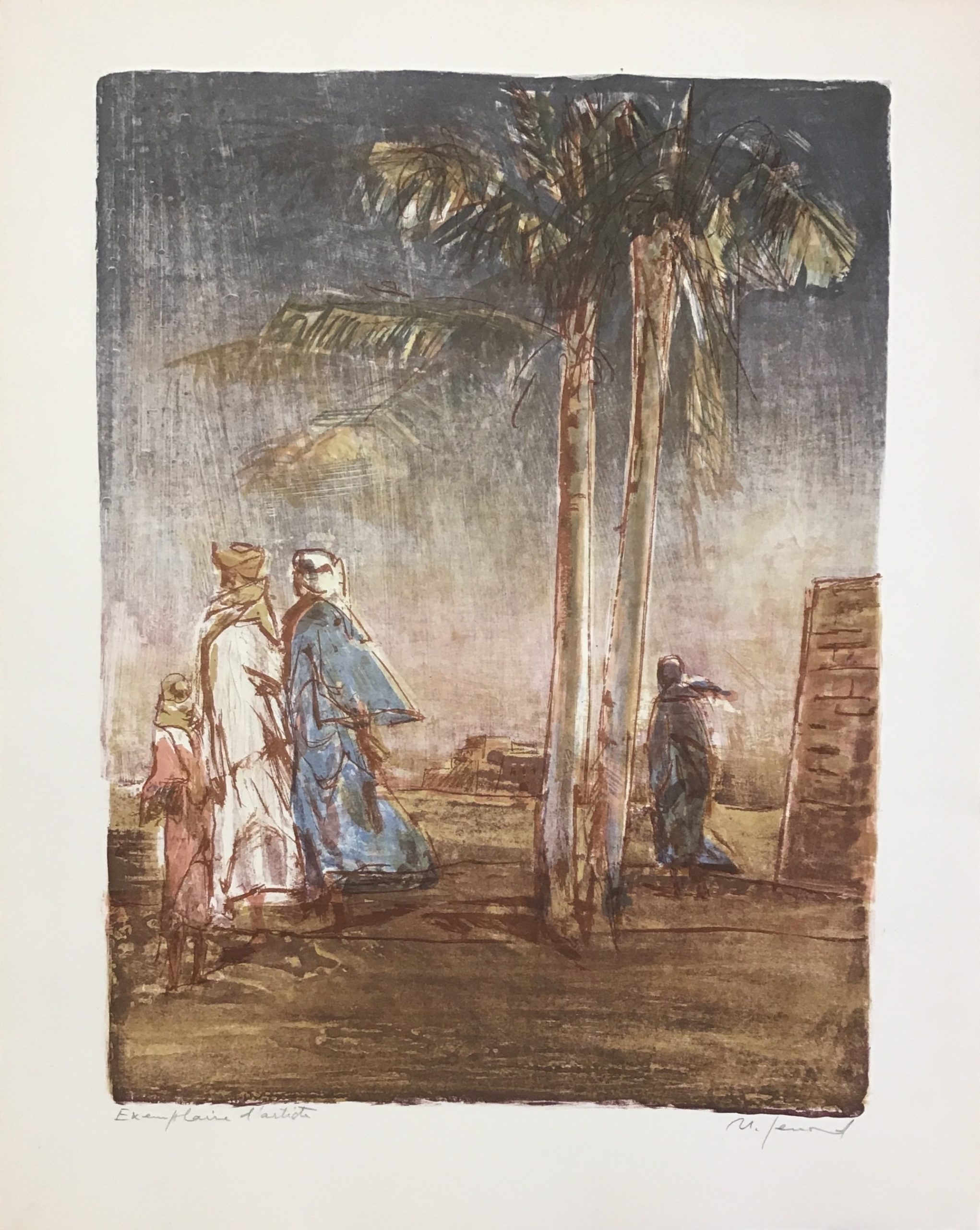 Khamsin – Hommes et palmiers (version « jour ») Années 1960 – Lithographie, 56x45 cm
