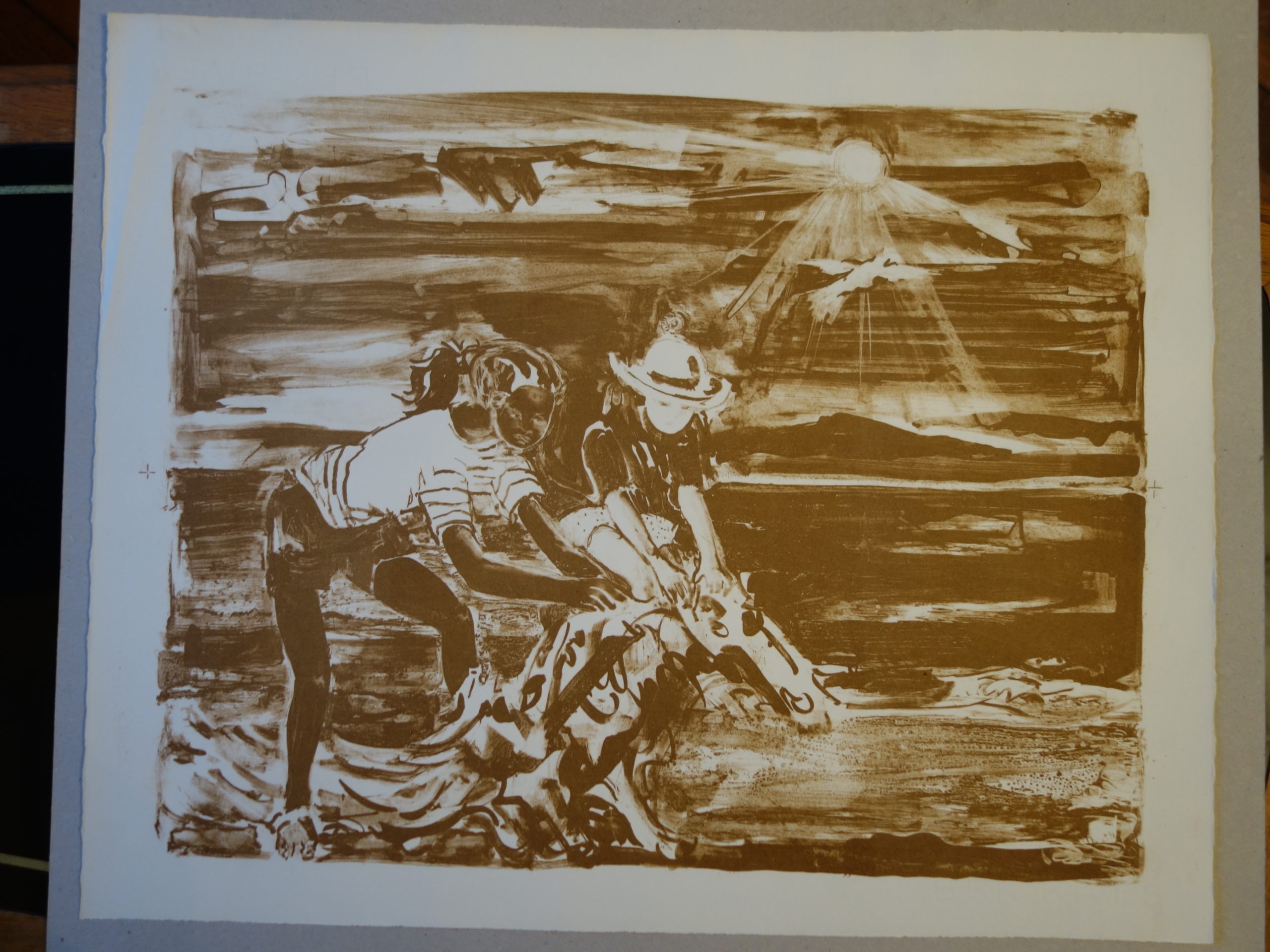 <i>Deux filles jouant avec un chien au bord d'un lac</i>  – Couleur, Lithographie, 45x56 cm