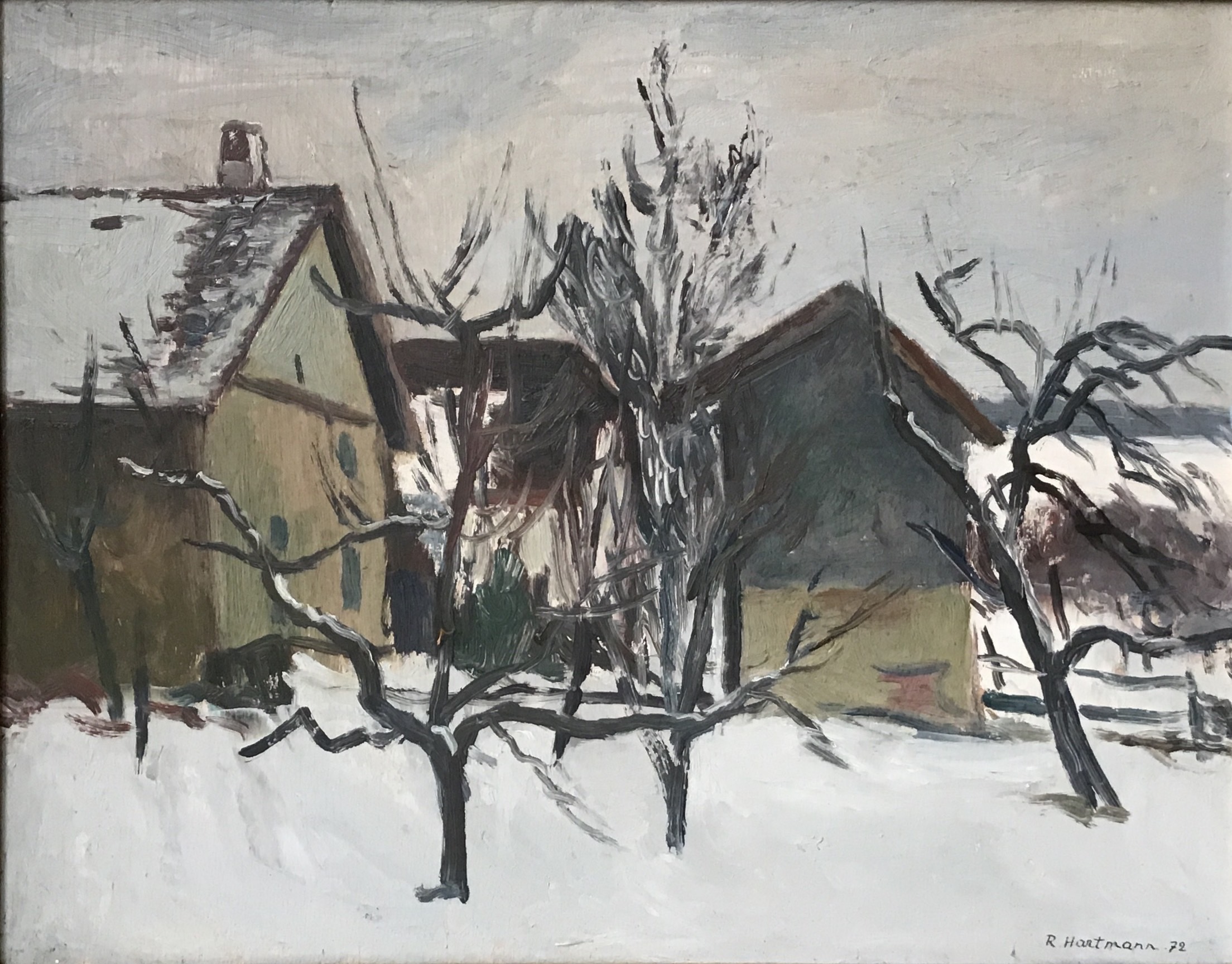 Les maison derrière le collège, neige 1972 – Bois croisé, Huile, 35x27 cm