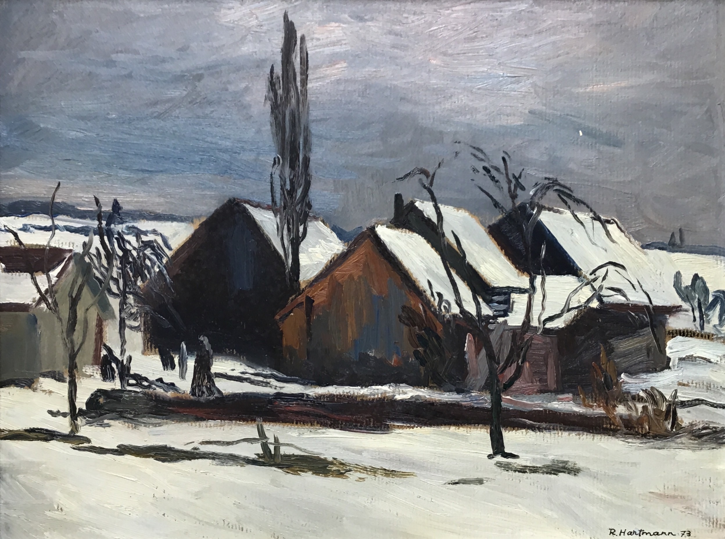 Le hameau (Burdet) neige 1973 – Ardoise, Huile, 35x27 cm