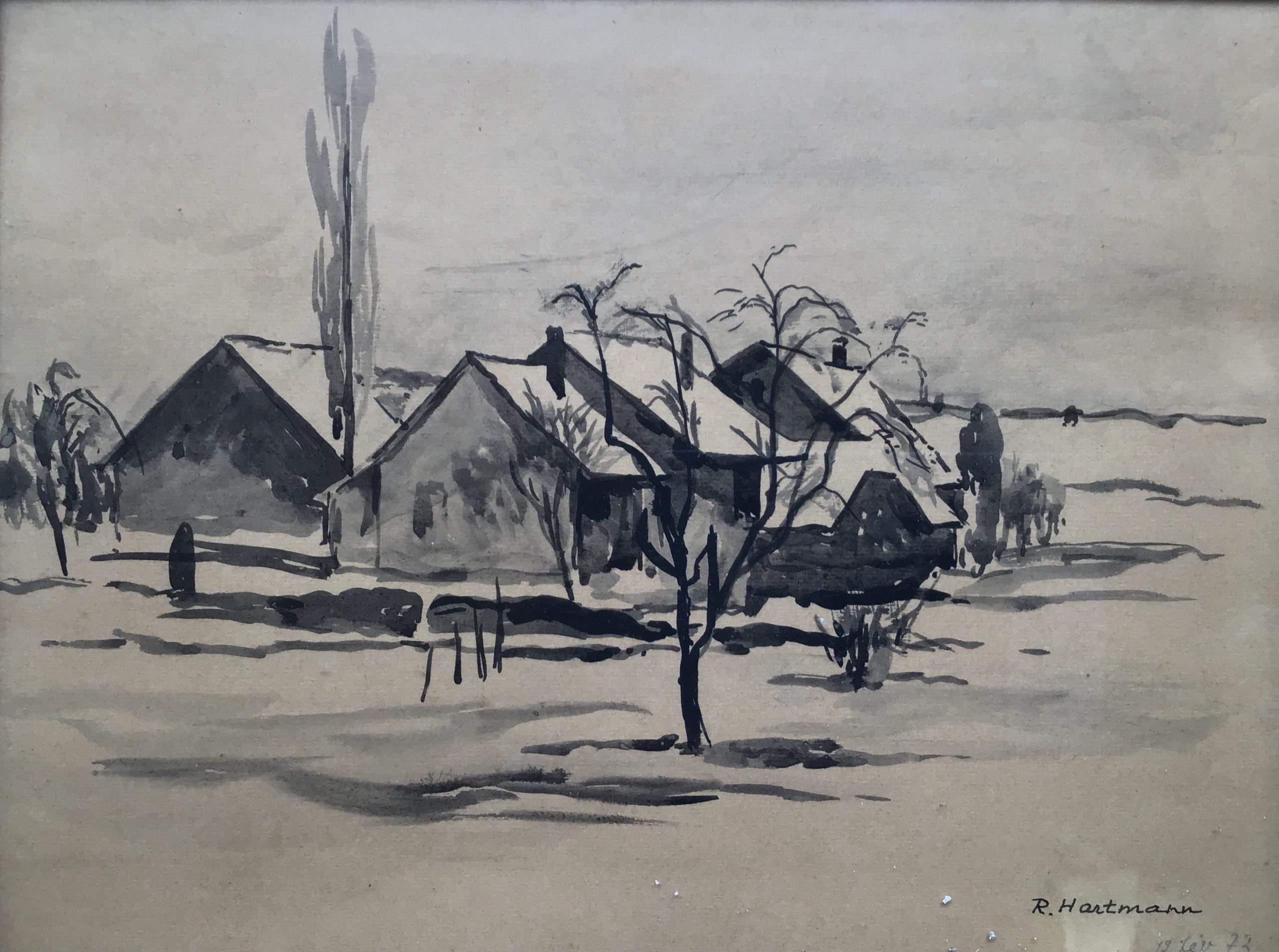 <i>Hameau (Burdet), neige</i> 1973 – Encre de chine, 29x22 cm