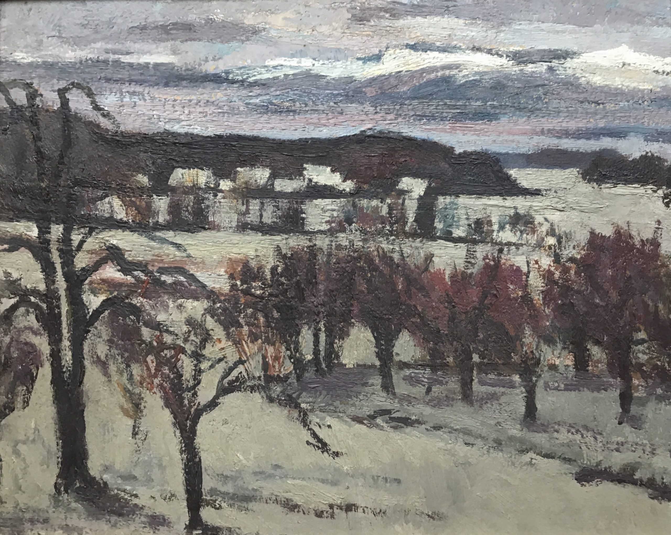 <i>Paysage avec village, neige</i>  – Carton, Huile, 20x11 cm
