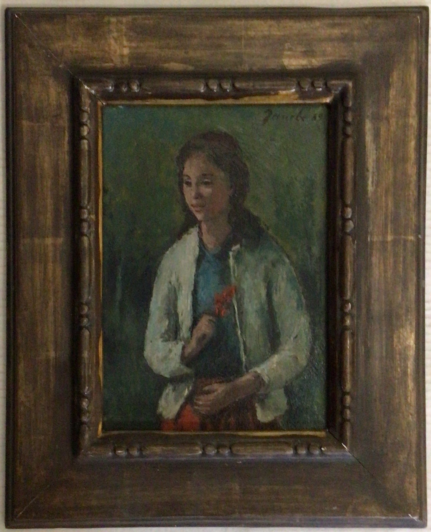 <i>Portrait à la fleur rouge </i> 1989 – Huile, Panneau, 26x19 cm