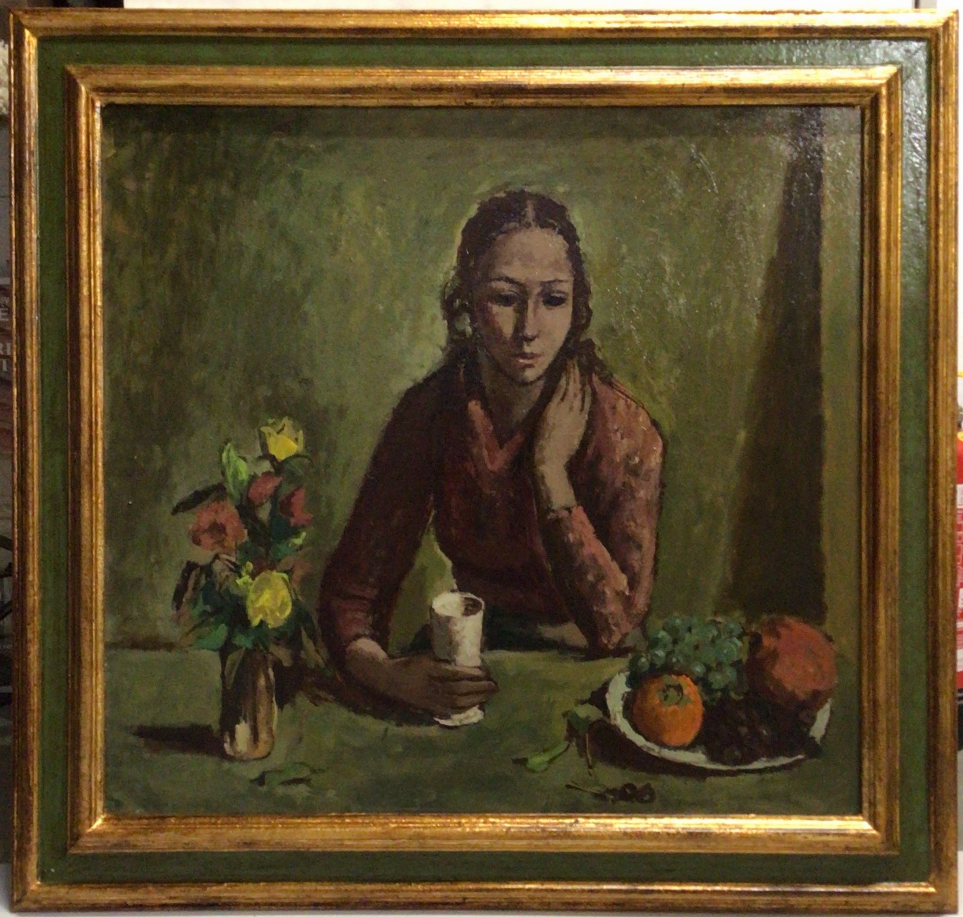 Janine à table 1970 – Huile, Panneau, 72x78 cm