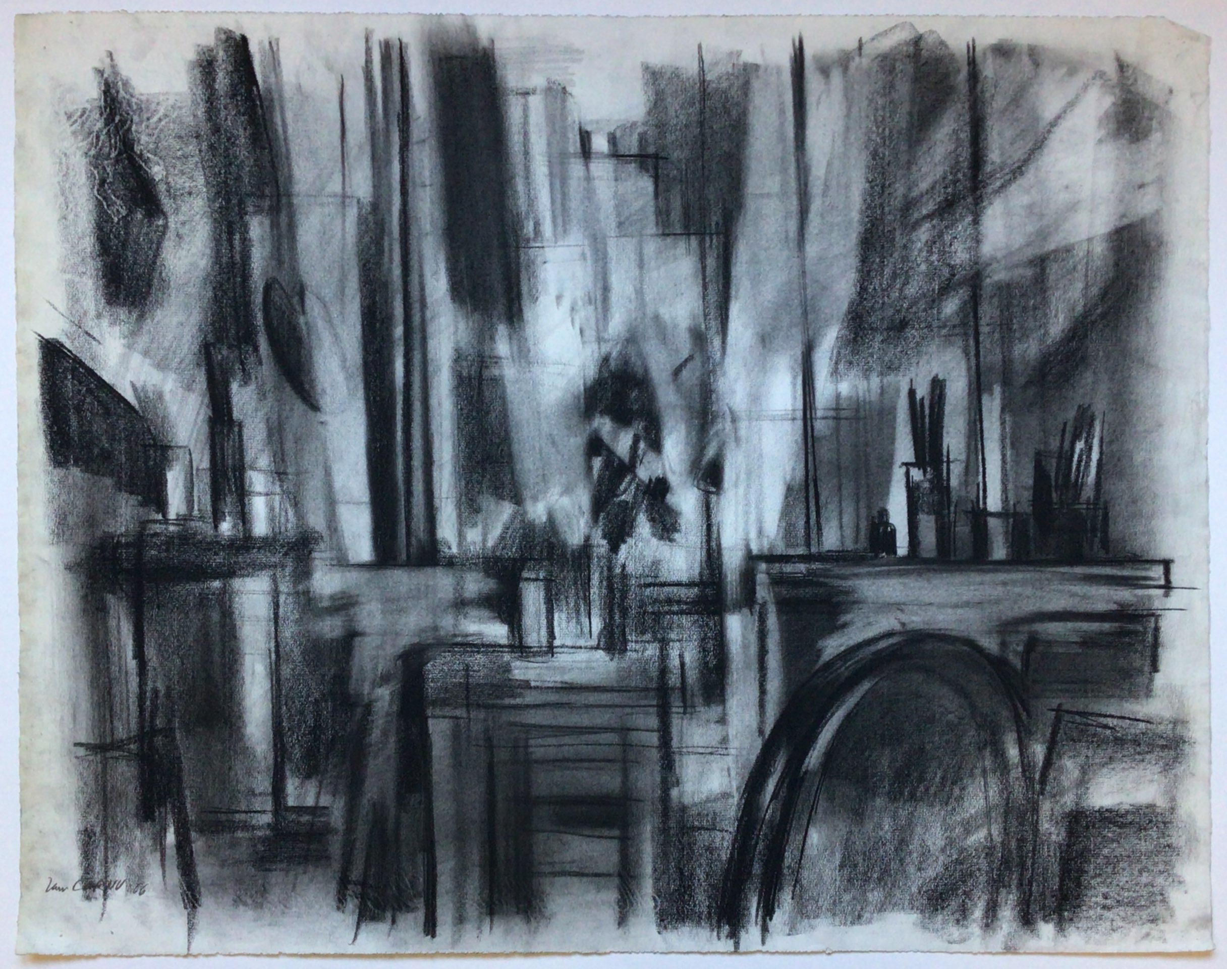 <i>Vue d’atelier</i> 1966 – Fusain, Papier, 49x62.5 cm